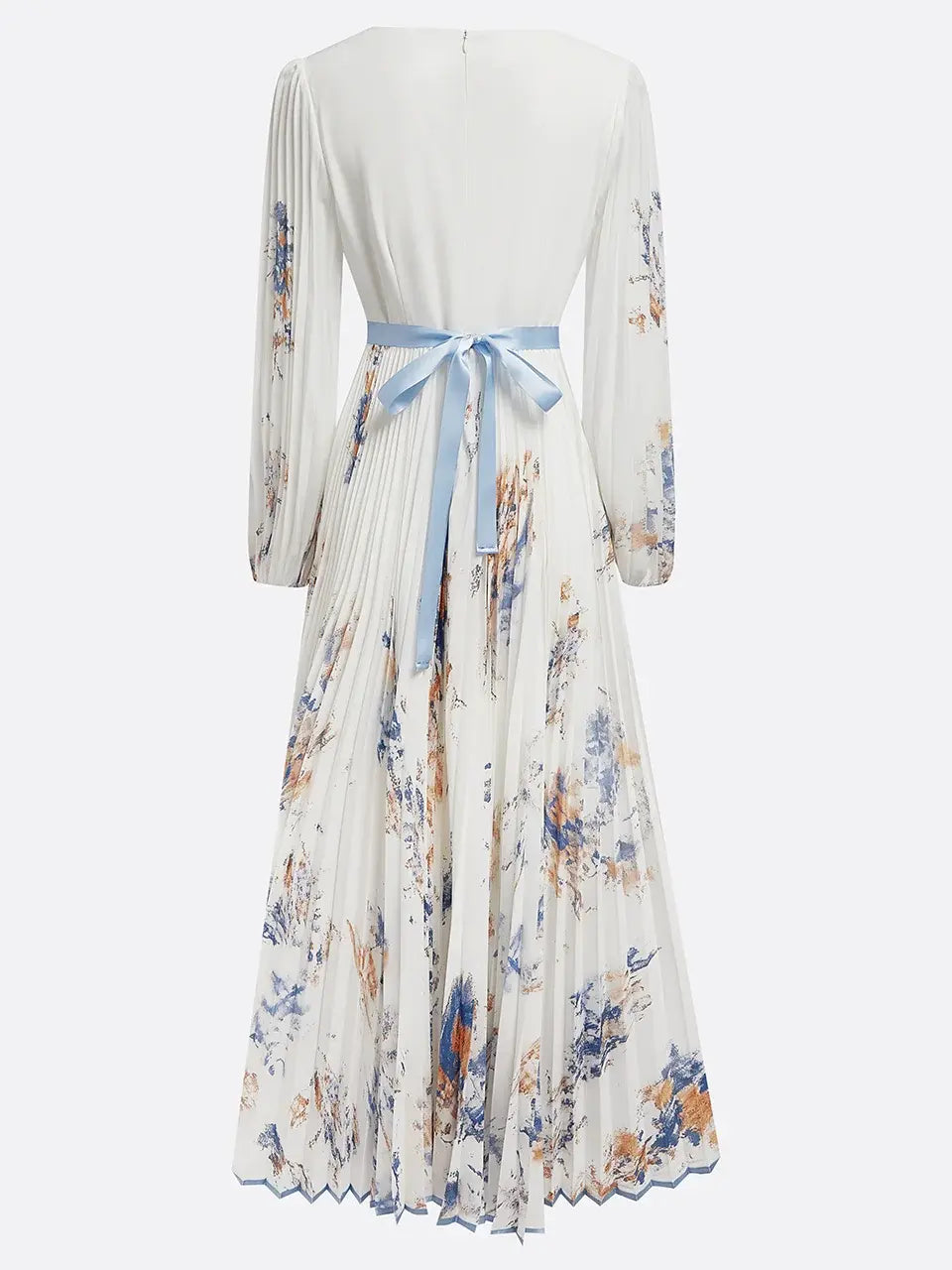White Dress Pleated V Neck Prom Dress Floral Long Balloon Sleeve Flower Printed A-Line Maxi Dress