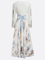 White Dress Pleated V Neck Prom Dress Floral Long Balloon Sleeve Flower Printed A-Line Maxi Dress
