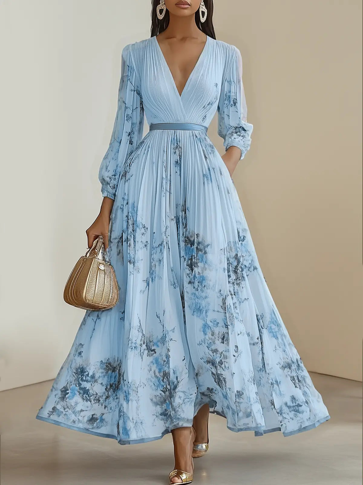 White Dress Pleated V Neck Prom Dress Floral Long Balloon Sleeve Flower Printed A-Line Maxi Dress