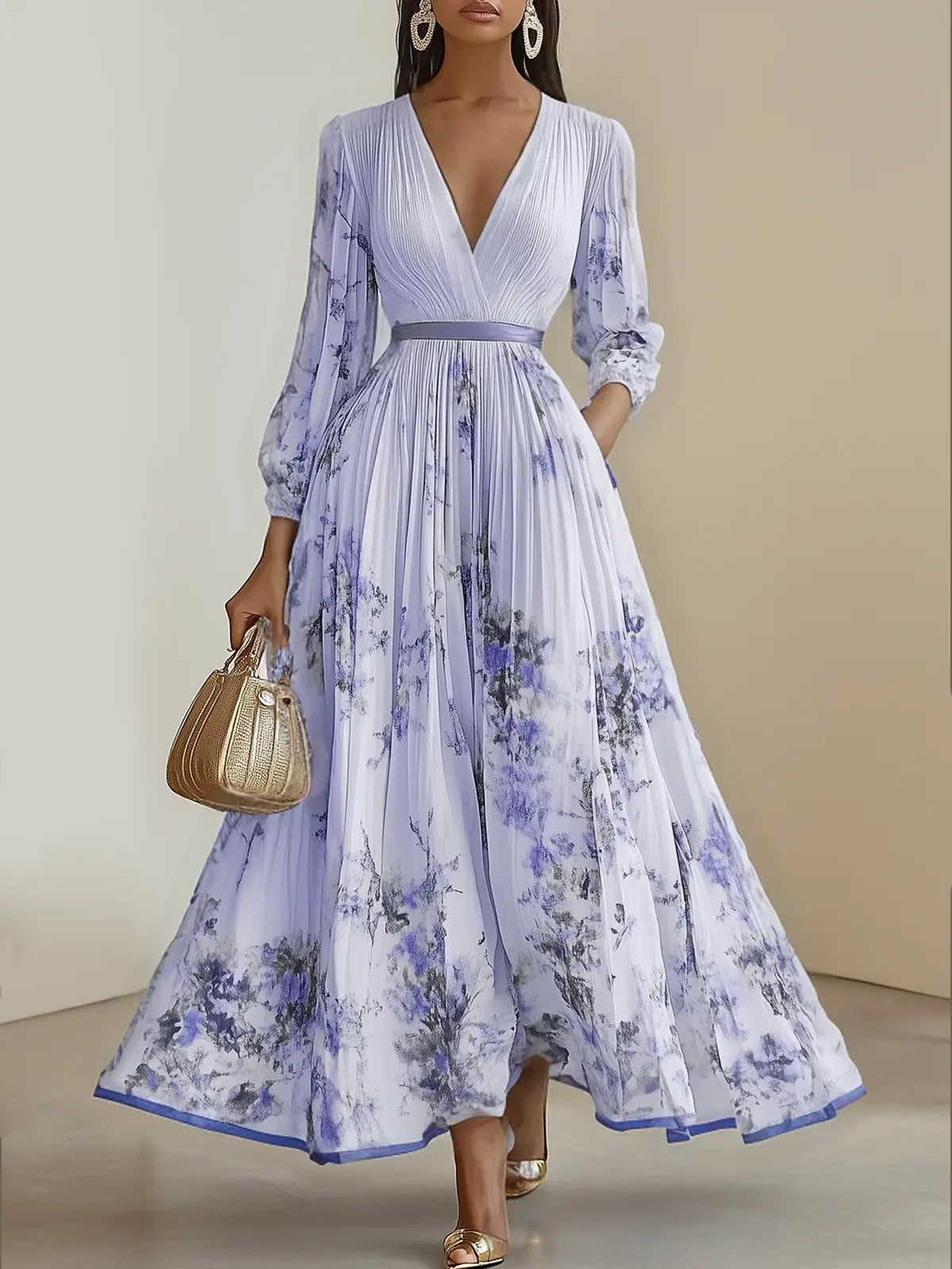 White Dress Pleated V Neck Prom Dress Floral Long Balloon Sleeve Flower Printed A-Line Maxi Dress