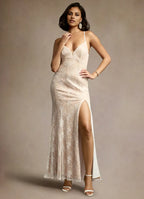 White Dress Romantic Spaghetti Straps Maxi Dress Sleeveless Slit Up Mermaid Backless Prom Dress