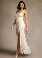 White Dress Romantic Spaghetti Straps Maxi Dress Sleeveless Slit Up Mermaid Backless Prom Dress