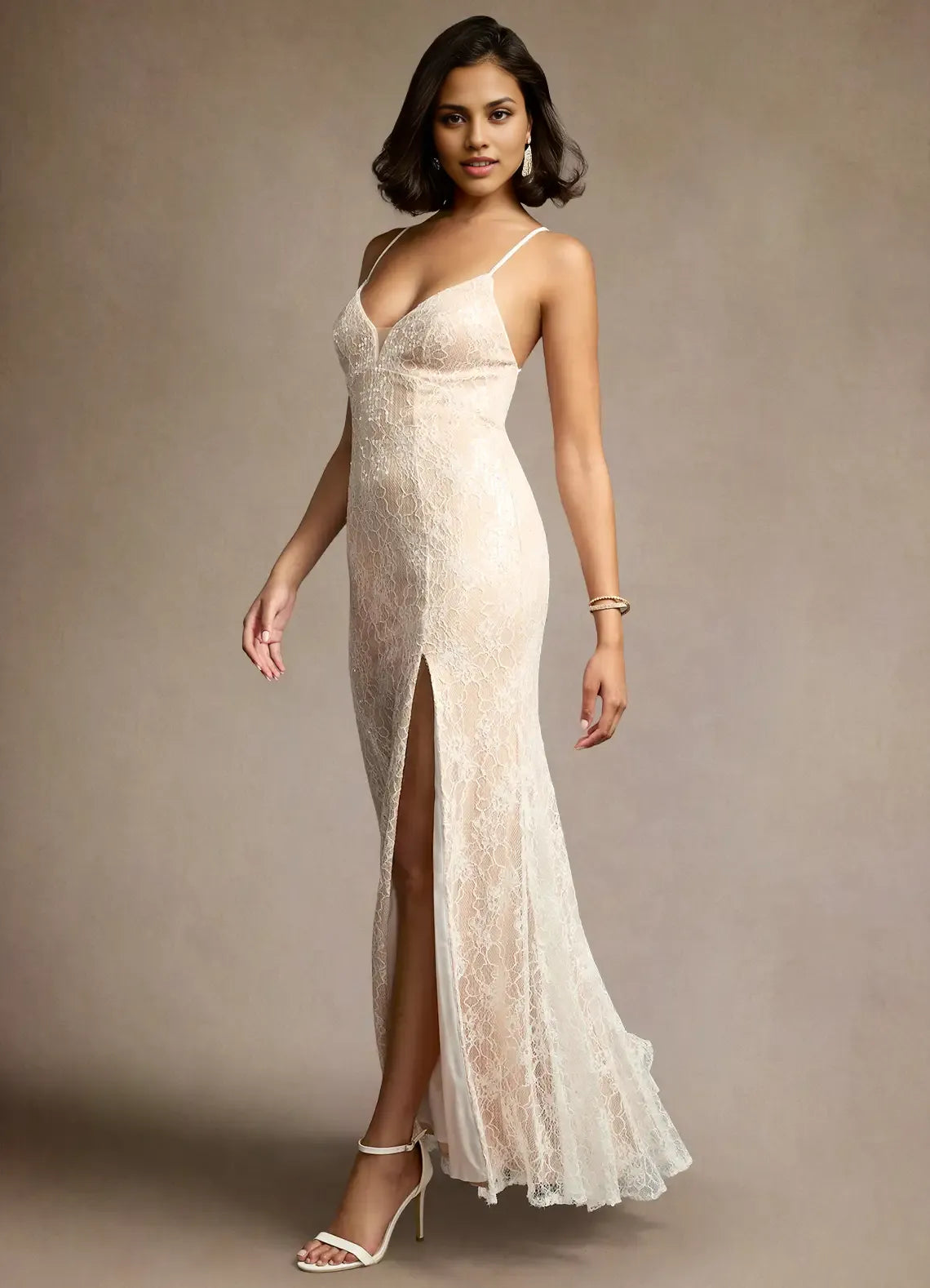 White Dress Romantic Spaghetti Straps Maxi Dress Sleeveless Slit Up Mermaid Backless Prom Dress