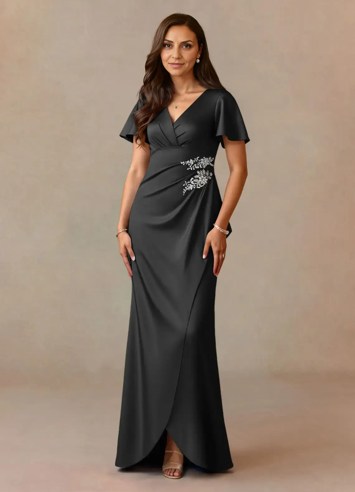 Dress Dusty Rose A-Line Pleated Dress V-Neck Flutter Sleeve Beaded Floor-Length Mother of the Bride Dress