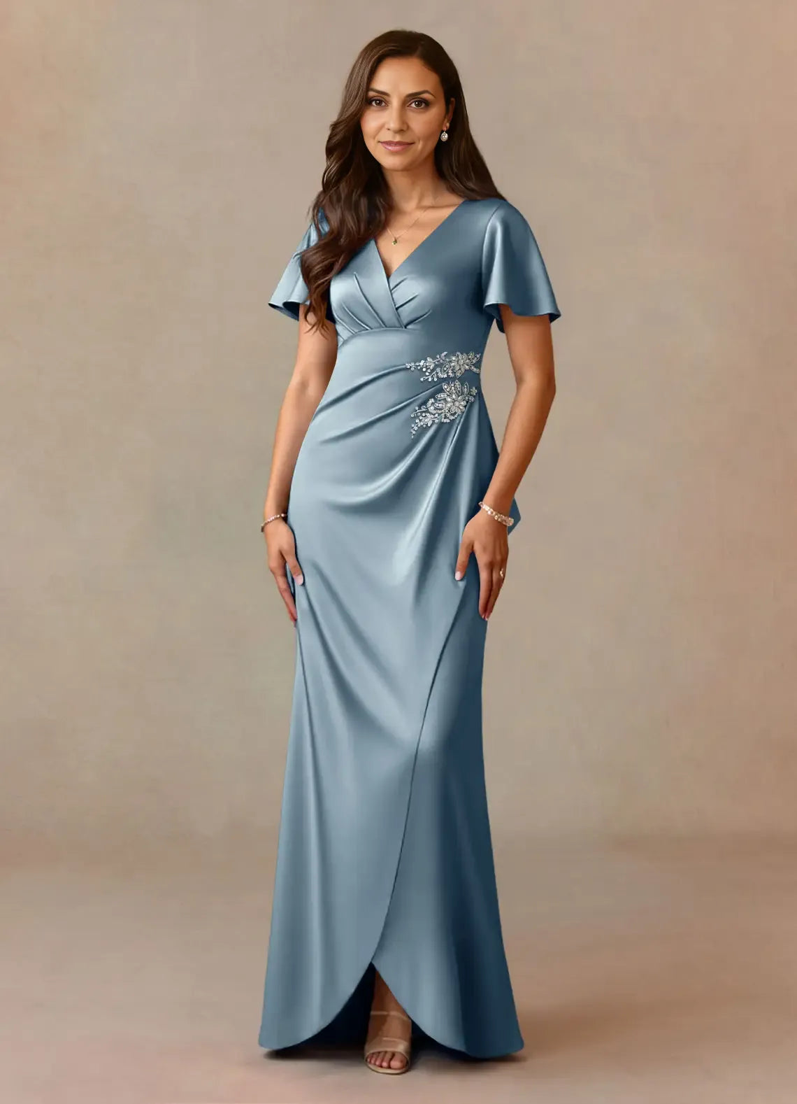 Dress Dusty Rose A-Line Pleated Dress V-Neck Flutter Sleeve Beaded Floor-Length Mother of the Bride Dress