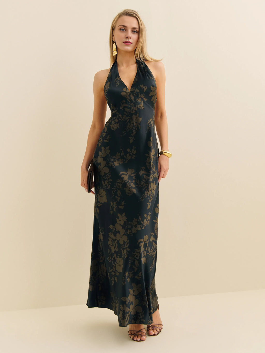 Dress Classic Flower Printed Halter V Neck Sleeveless Straight Tube Prom Dress Maxi Dress Backless Evening Dress