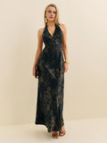 Dress Classic Flower Printed Halter V Neck Sleeveless Straight Tube Prom Dress Maxi Dress Backless Evening Dress