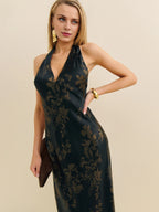 Dress Classic Flower Printed Halter V Neck Sleeveless Straight Tube Prom Dress Maxi Dress Backless Evening Dress