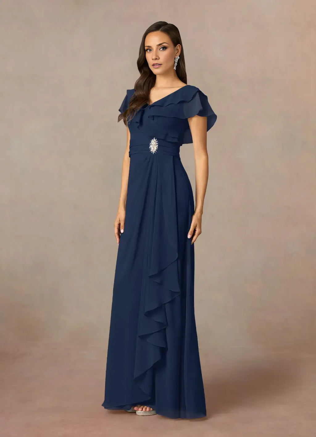 Navy Dress Dark A-Line V-Neck Ruched Mother Of The Bride Evening Dress Elegant Ruffle Flutter Sleeves V Back Plus Size Mother Of The Bride Dress
