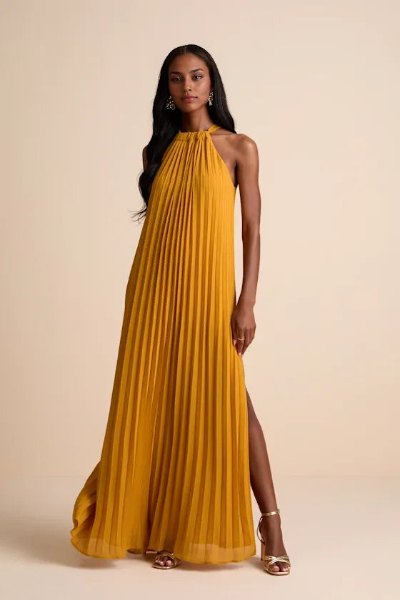 Blue Dress Elegant Pleated Maxi Dress Evening Dress A-line Slit Sleeveless Solid Color Prom Dress