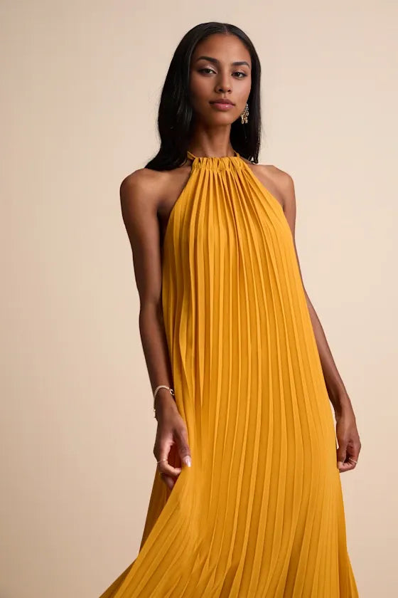 Blue Dress Elegant Pleated Maxi Dress Evening Dress A-line Slit Sleeveless Solid Color Prom Dress