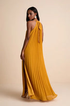 Blue Dress Elegant Pleated Maxi Dress Evening Dress A-line Slit Sleeveless Solid Color Prom Dress