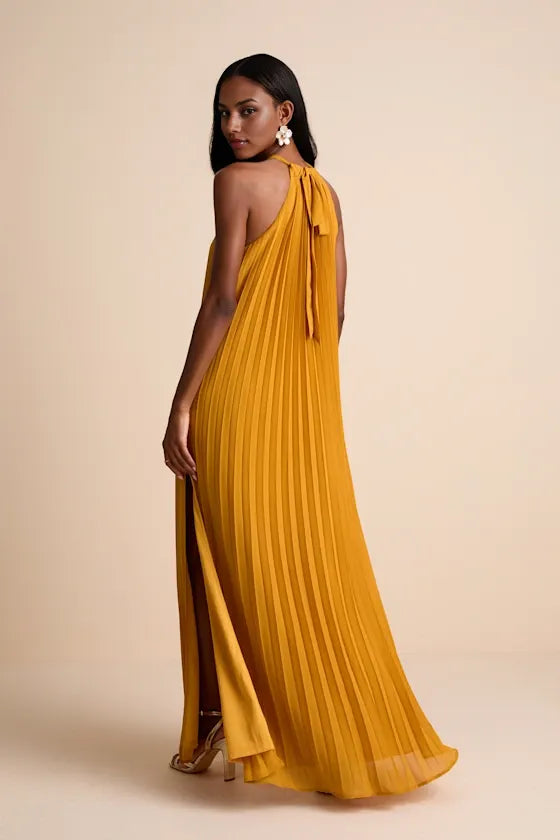 Blue Dress Elegant Pleated Maxi Dress Evening Dress A-line Slit Sleeveless Solid Color Prom Dress