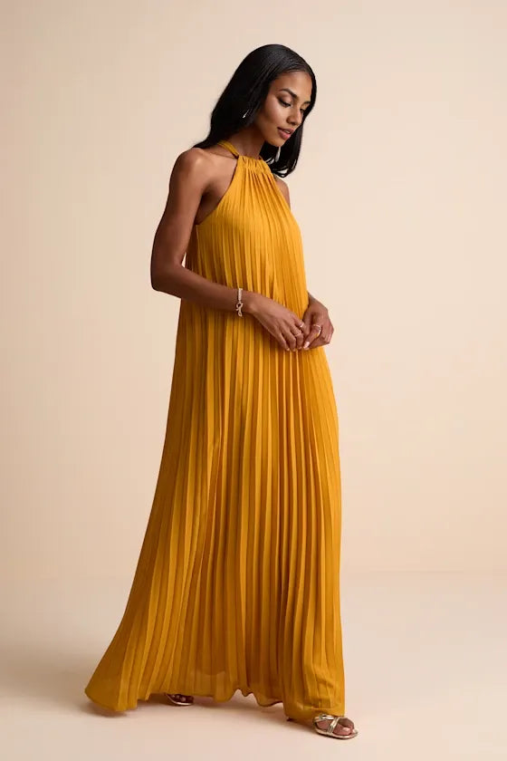 Blue Dress Elegant Pleated Maxi Dress Evening Dress A-line Slit Sleeveless Solid Color Prom Dress