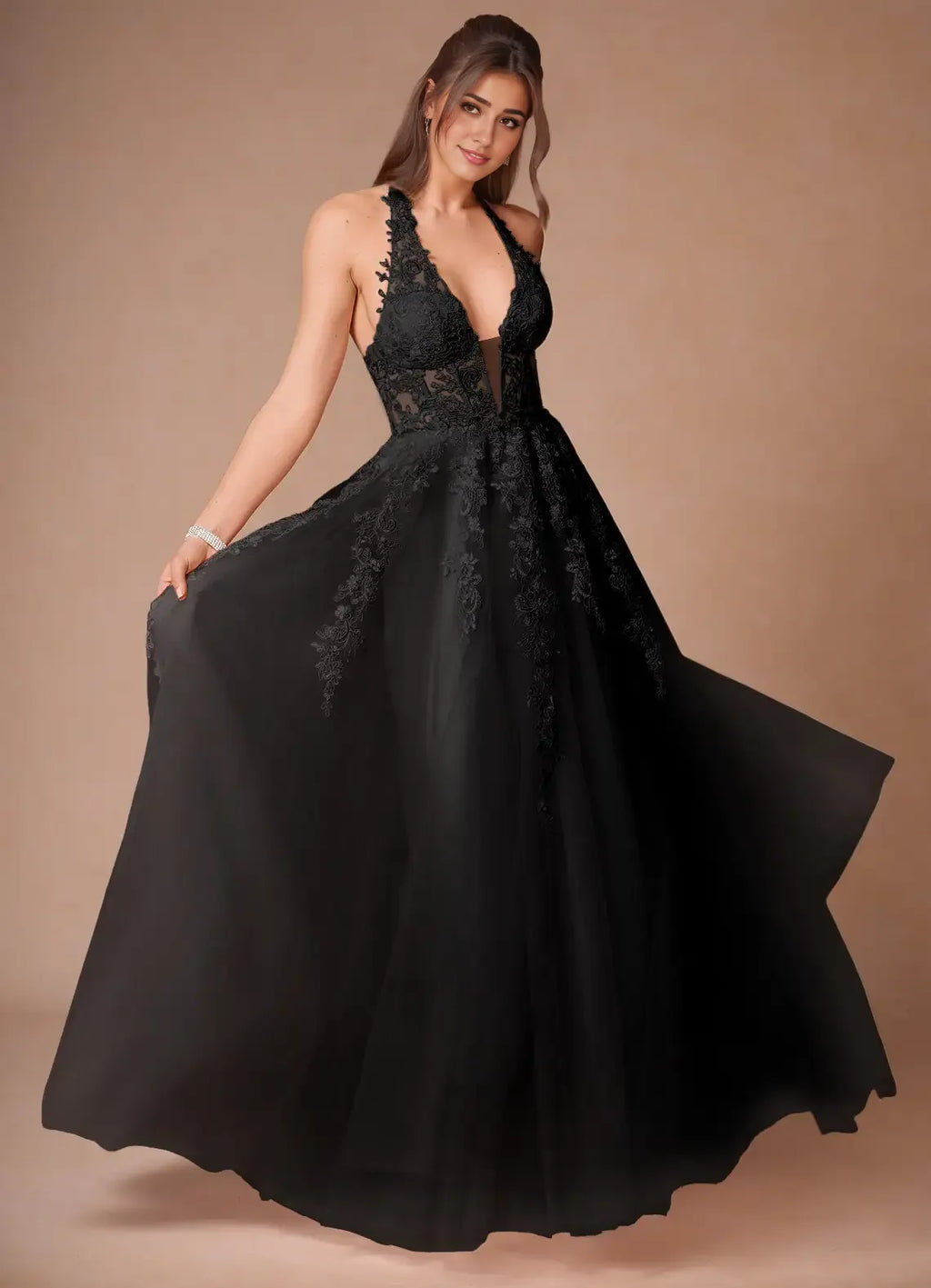 Dress Elegant Halter V Neck Maxi Dress Prom Dress Sleeveless Backless Appliques A-Line Evening Dress