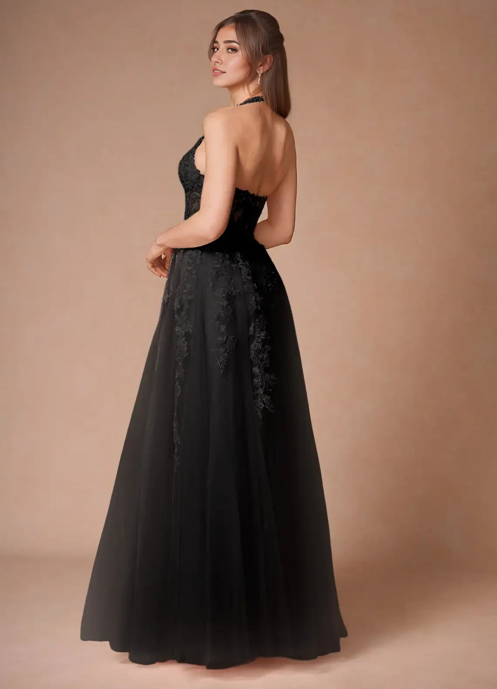 Dress Elegant Halter V Neck Maxi Dress Prom Dress Sleeveless Backless Appliques A-Line Evening Dress