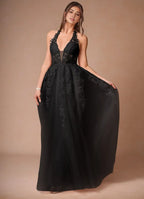 Dress Elegant Halter V Neck Maxi Dress Prom Dress Sleeveless Backless Appliques A-Line Evening Dress