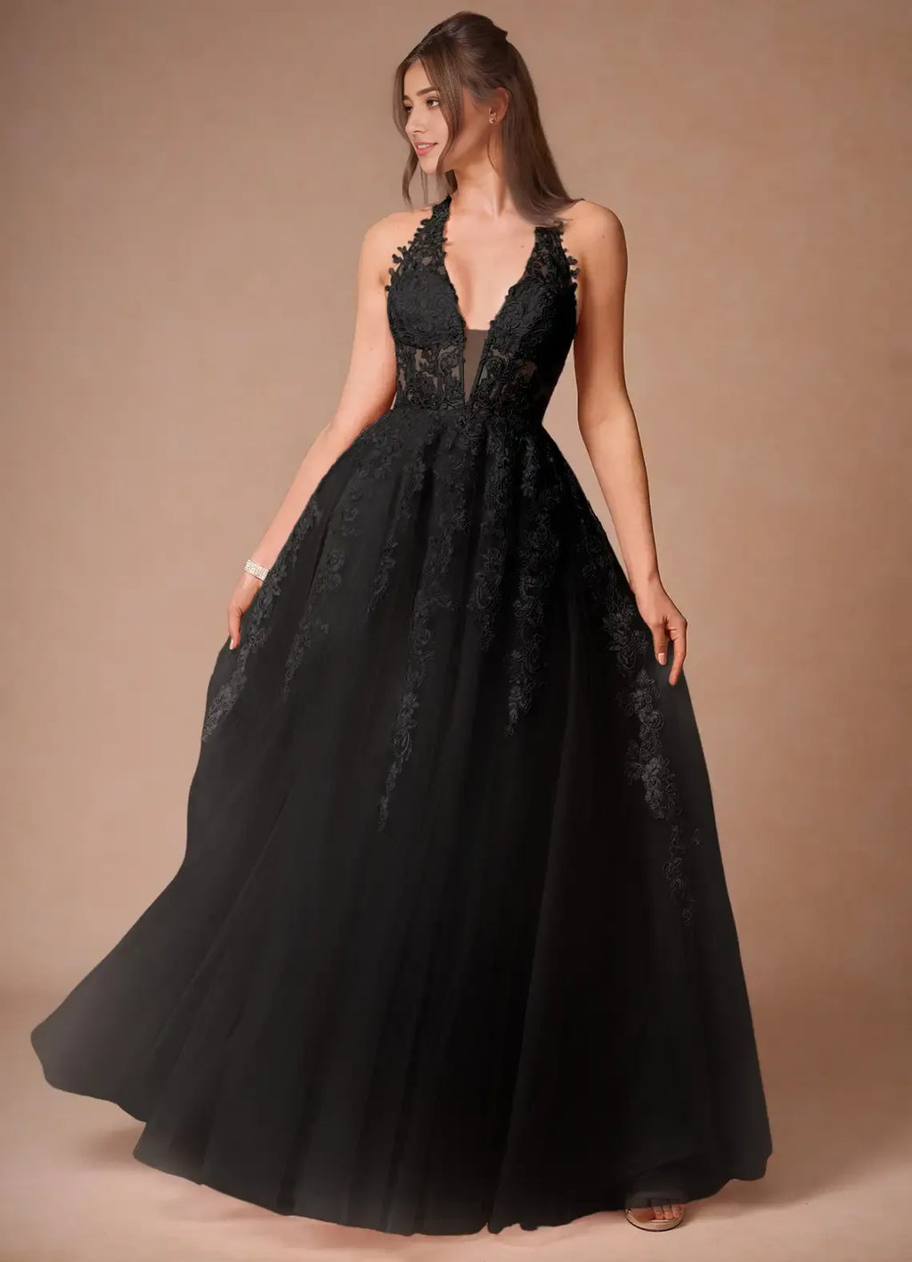 Dress Elegant Halter V Neck Maxi Dress Prom Dress Sleeveless Backless Appliques A-Line Evening Dress