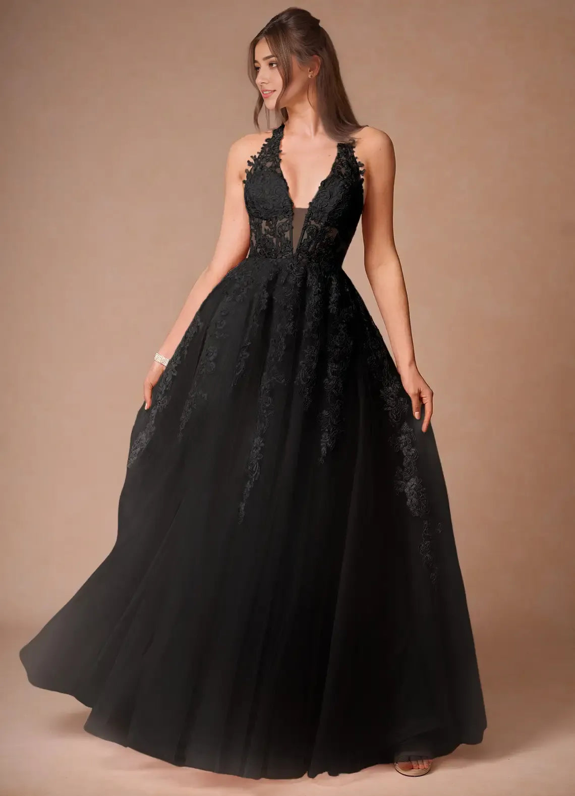 Dress Elegant Halter V Neck Maxi Dress Prom Dress Sleeveless Backless Appliques A-Line Evening Dress