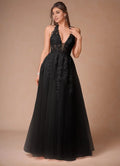 Dress Elegant Halter V Neck Maxi Dress Prom Dress Sleeveless Backless Appliques A-Line Evening Dress