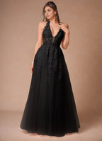 Dress Elegant Halter V Neck Maxi Dress Prom Dress Sleeveless Backless Appliques A-Line Evening Dress