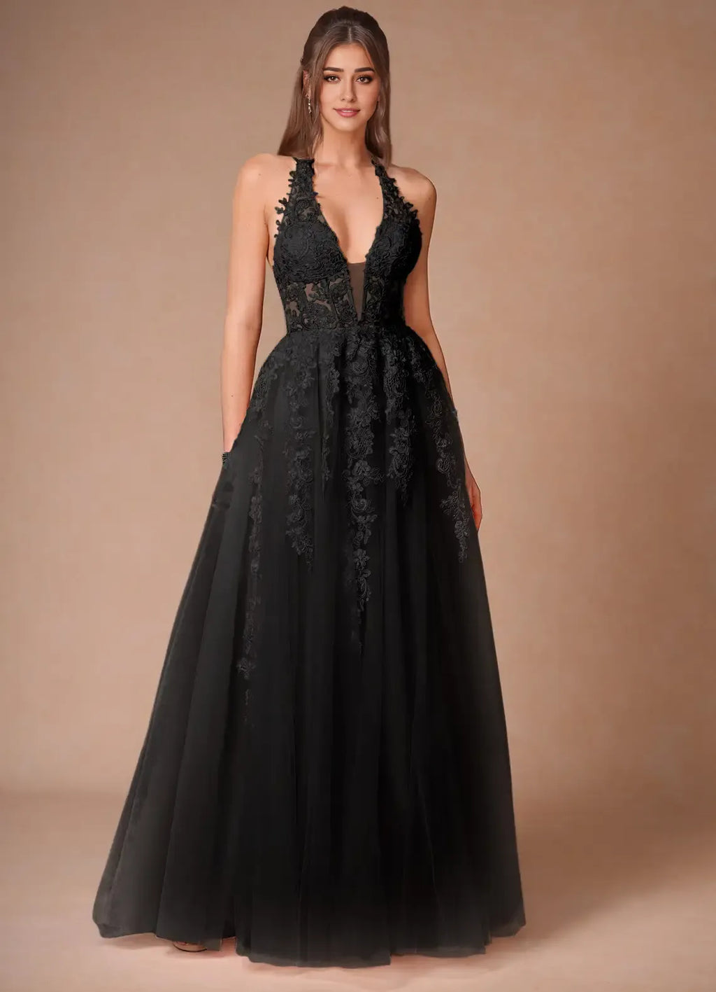 Dress Elegant Halter V Neck Maxi Dress Prom Dress Sleeveless Backless Appliques A-Line Evening Dress