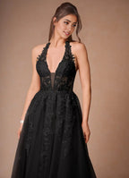 Dress Elegant Halter V Neck Maxi Dress Prom Dress Sleeveless Backless Appliques A-Line Evening Dress
