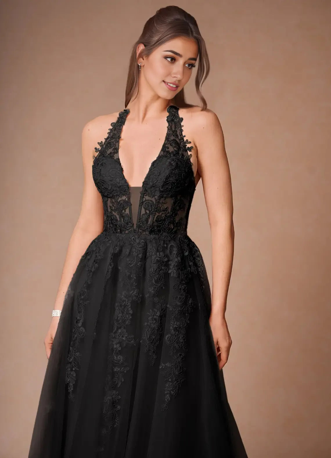 Dress Elegant Halter V Neck Maxi Dress Prom Dress Sleeveless Backless Appliques A-Line Evening Dress