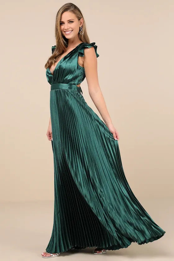 Sage Green Dress Fashion Lace-Up Pleated Maxi Dress Evening Dress A-line Sleeveless Ruffles Prom Dress