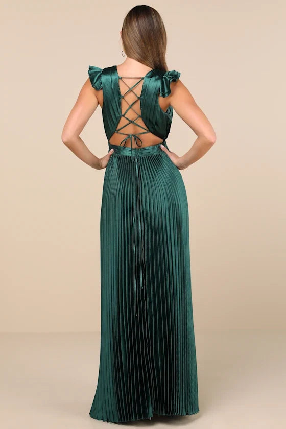 Sage Green Dress Fashion Lace-Up Pleated Maxi Dress Evening Dress A-line Sleeveless Ruffles Prom Dress