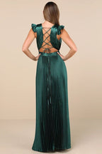 Sage Green Dress Fashion Lace-Up Pleated Maxi Dress Evening Dress A-line Sleeveless Ruffles Prom Dress