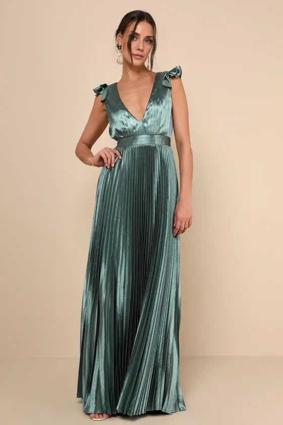 Sage Green Dress Fashion Lace-Up Pleated Maxi Dress Evening Dress A-line Sleeveless Ruffles Prom Dress