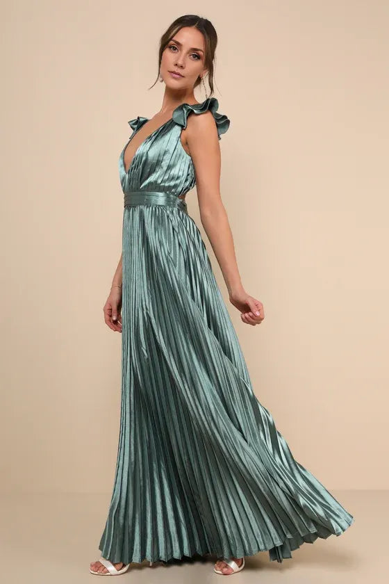 Sage Green Dress Fashion Lace-Up Pleated Maxi Dress Evening Dress A-line Sleeveless Ruffles Prom Dress