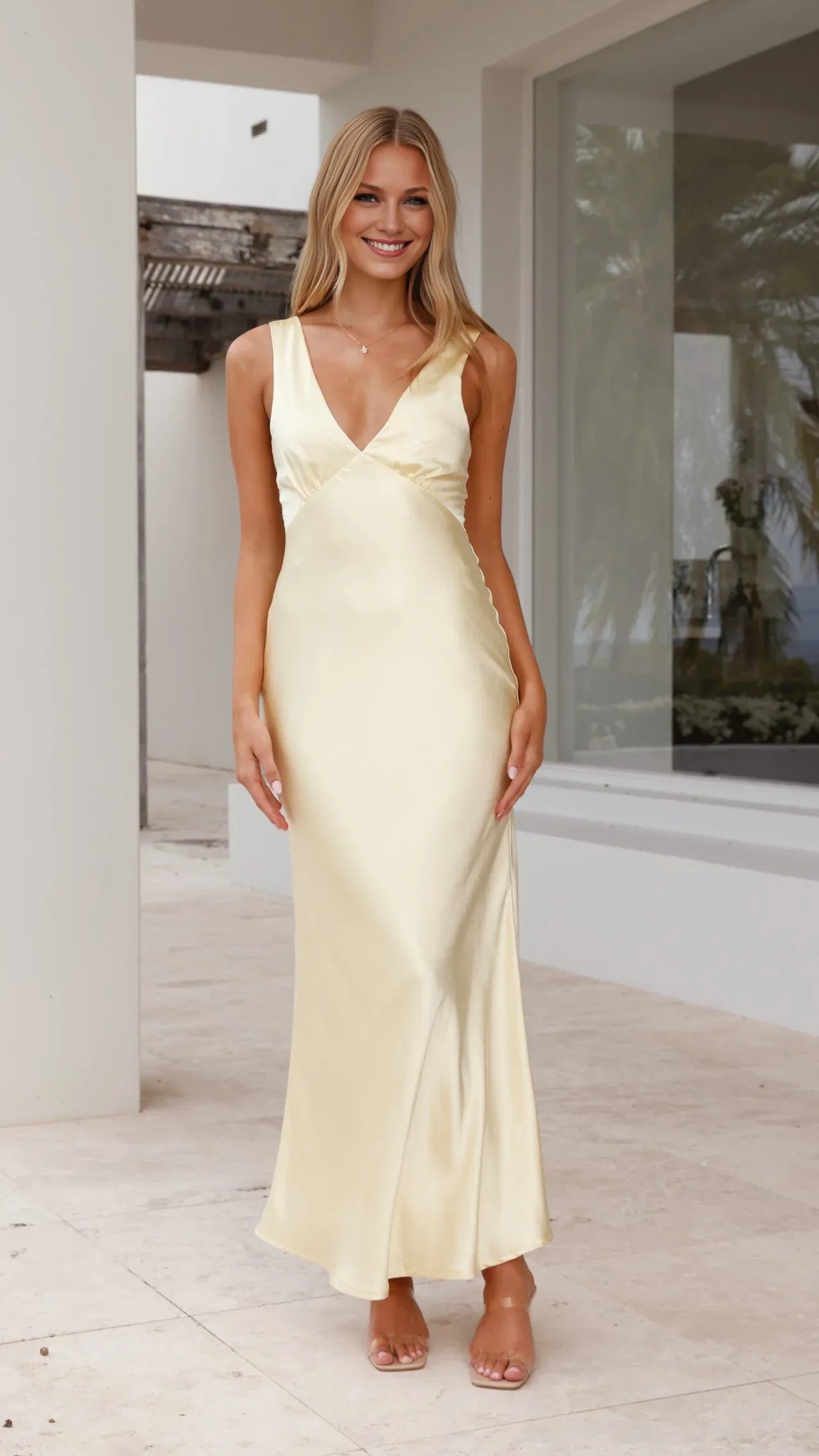 Yellow Dress Minimalist V Neck Regular Straps Maxi Dress Sheath Backless Solid Color Sleeveless Prom Dress