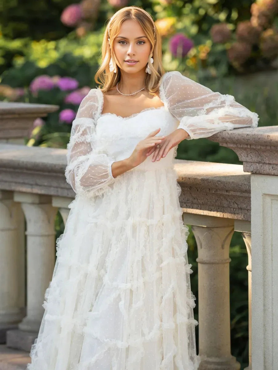 Dress Ruffles Dress Illusion Sleeves Fashion Polka Dot Layered Square Neck Party Prom Dresses