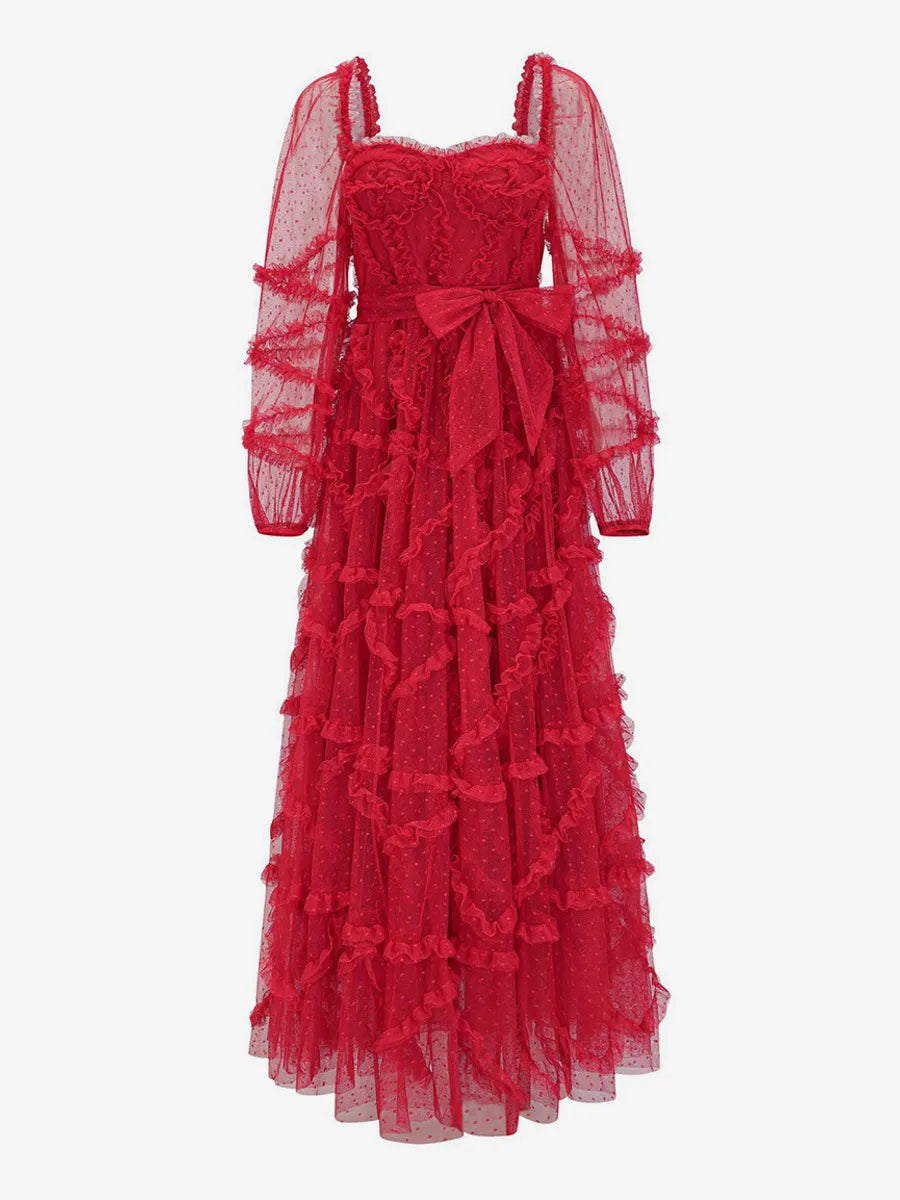 Dress Ruffles Dress Illusion Sleeves Fashion Polka Dot Layered Square Neck Party Prom Dresses