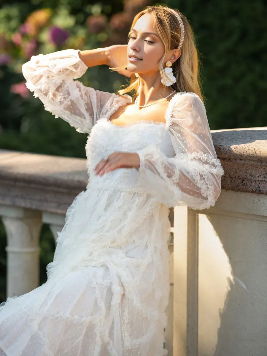 Dress Ruffles Dress Illusion Sleeves Fashion Polka Dot Layered Square Neck Party Prom Dresses