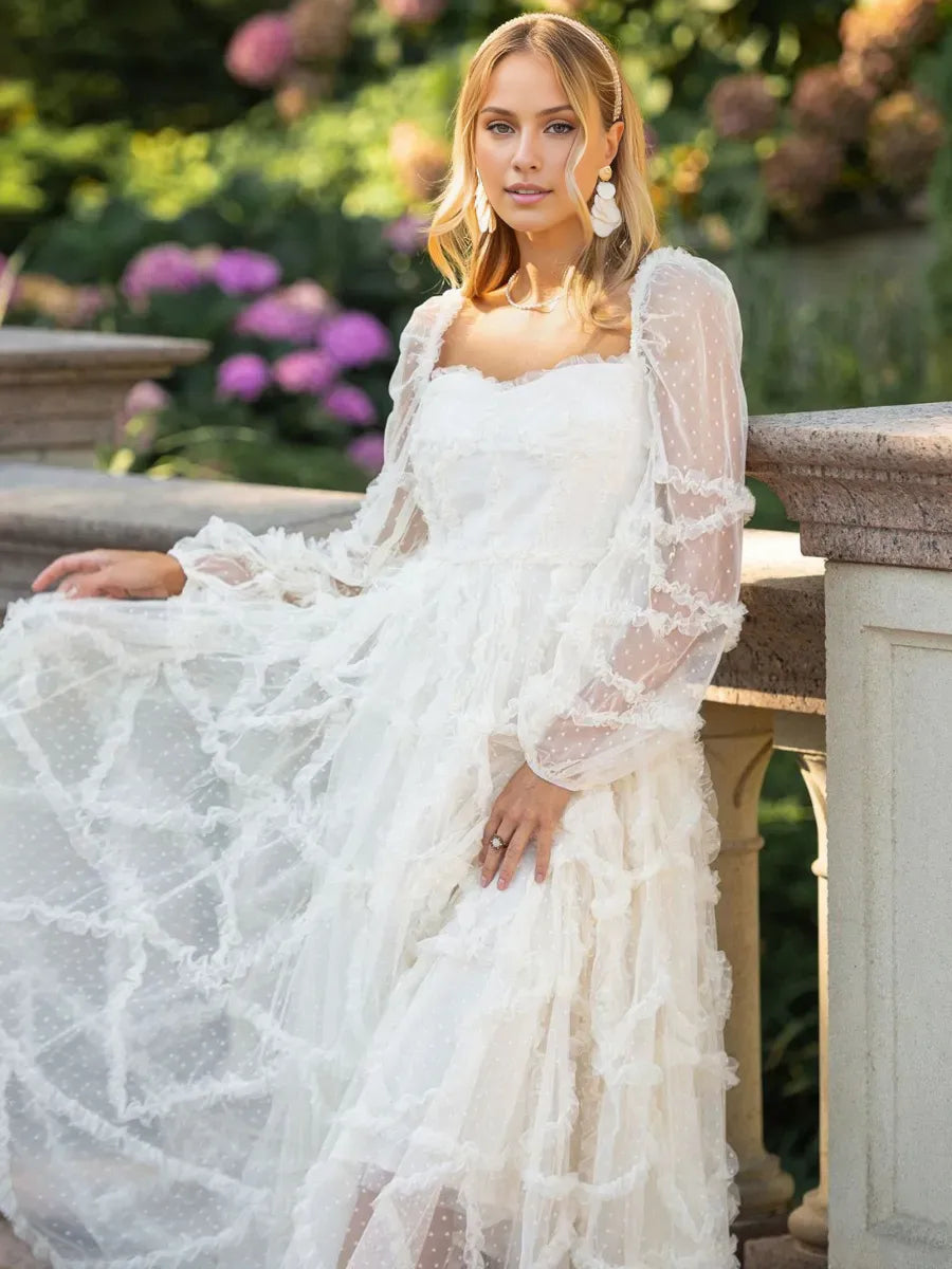 Dress Ruffles Dress Illusion Sleeves Fashion Polka Dot Layered Square Neck Party Prom Dresses