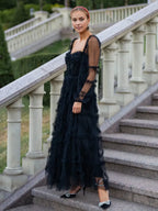 Dress Ruffles Dress Illusion Sleeves Fashion Polka Dot Layered Square Neck Party Prom Dresses
