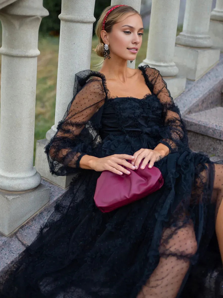 Dress Ruffles Dress Illusion Sleeves Fashion Polka Dot Layered Square Neck Party Prom Dresses