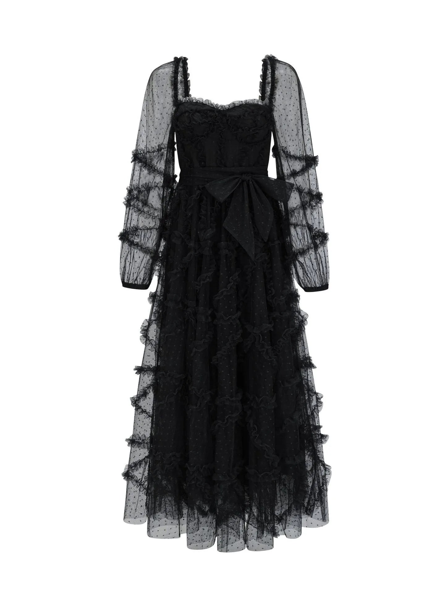 Dress Ruffles Dress Illusion Sleeves Fashion Polka Dot Layered Square Neck Party Prom Dresses