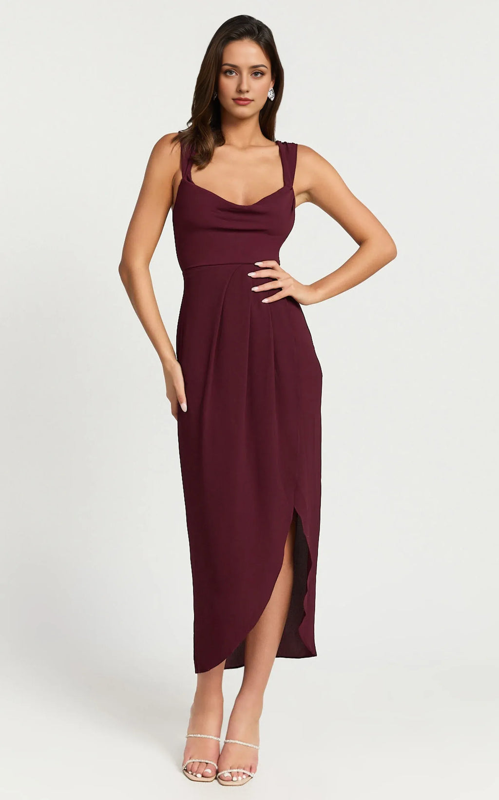 Wine Dress Simple Cowl Neck Draped Midi Cocktail Dresses Sheath Solid Color Regular Straps Prom Dress