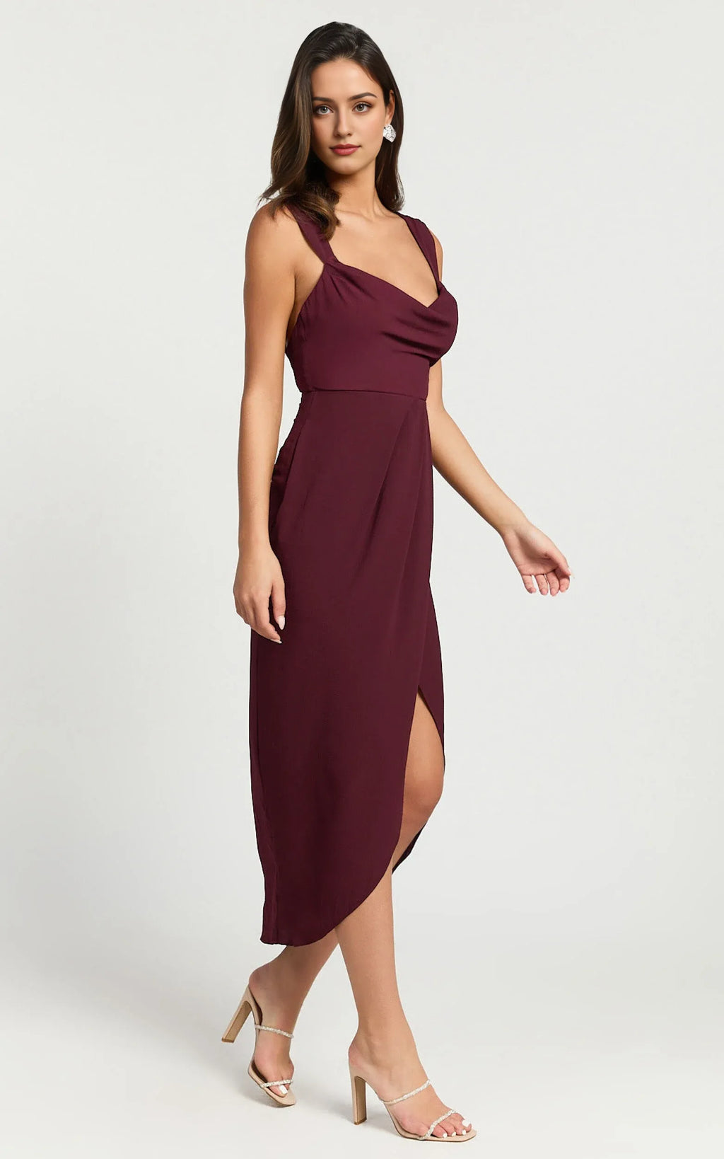 Wine Dress Simple Cowl Neck Draped Midi Cocktail Dresses Sheath Solid Color Regular Straps Prom Dress