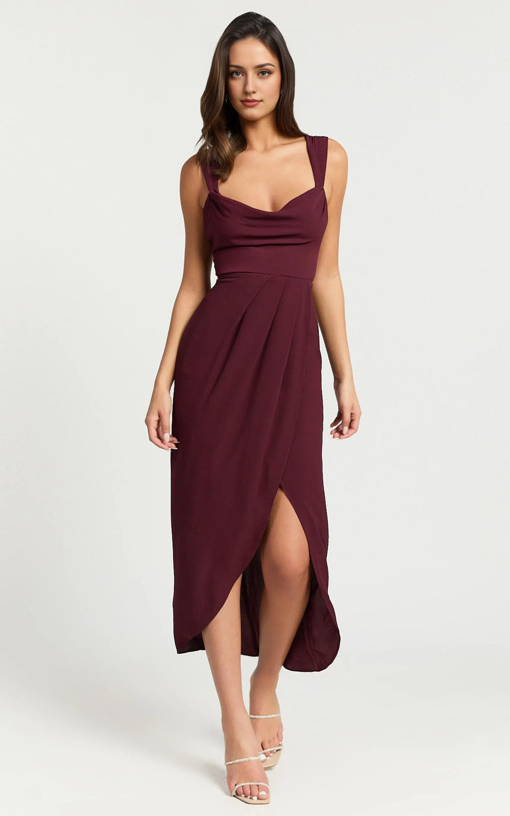 Wine Dress Simple Cowl Neck Draped Midi Cocktail Dresses Sheath Solid Color Regular Straps Prom Dress