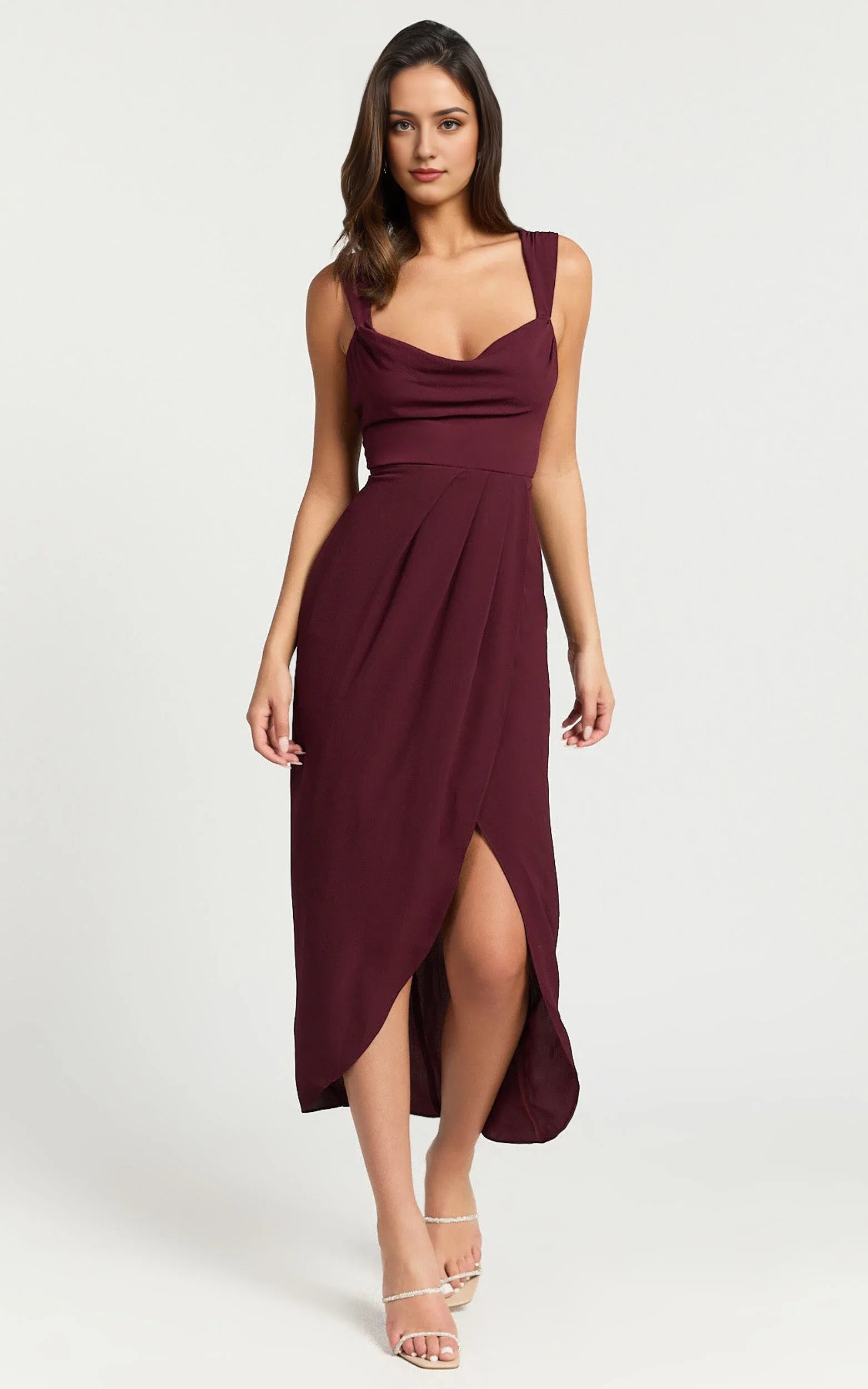 Wine Dress Simple Cowl Neck Draped Midi Cocktail Dresses Sheath Solid Color Regular Straps Prom Dress