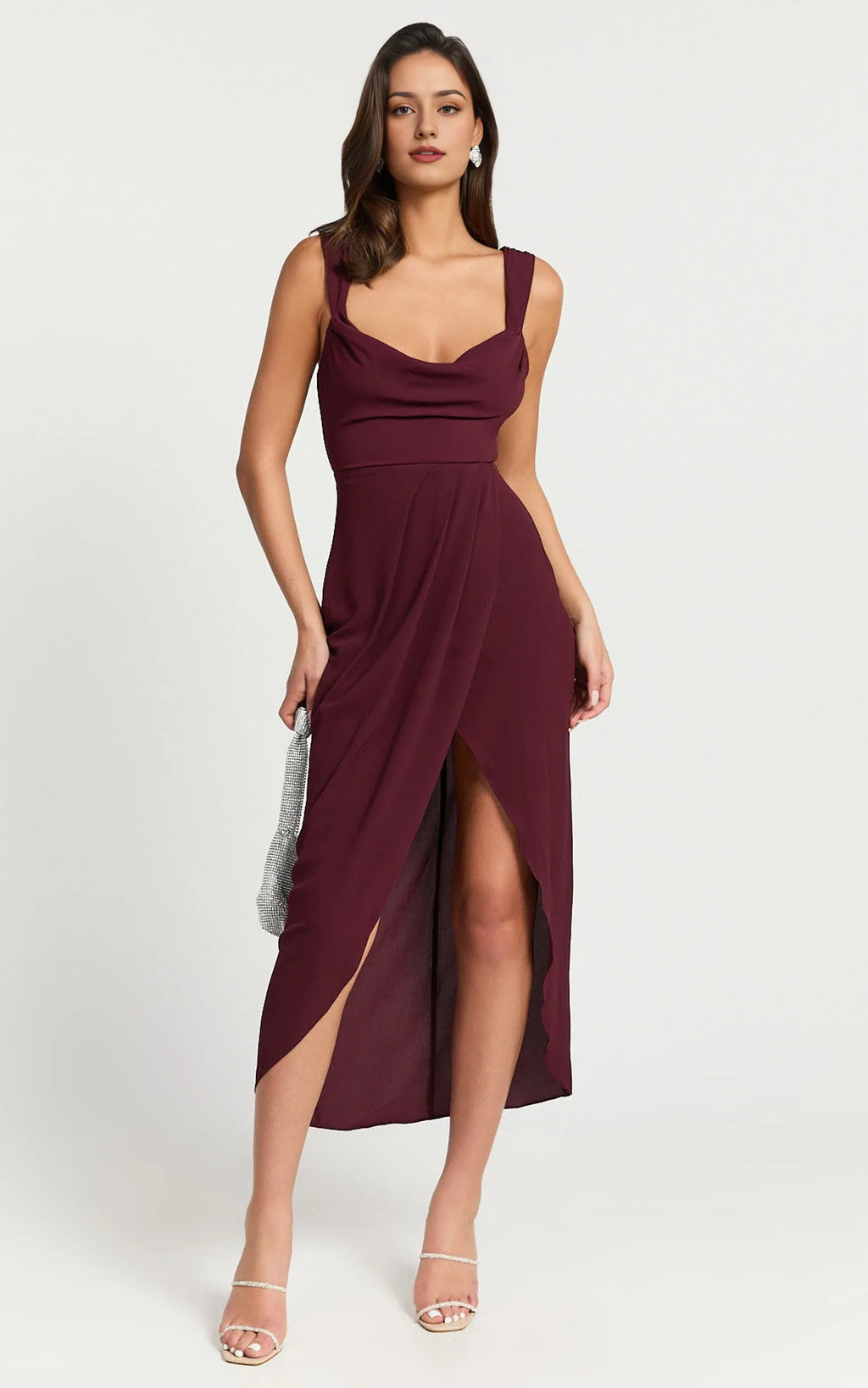 Wine Dress Simple Cowl Neck Draped Midi Cocktail Dresses Sheath Solid Color Regular Straps Prom Dress