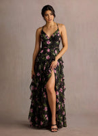 Dress Spaghetti Straps V Neck Elegant Maxi Dress Prom Dress Sleeveless Backless Flower Printed A-Line Evening Dress