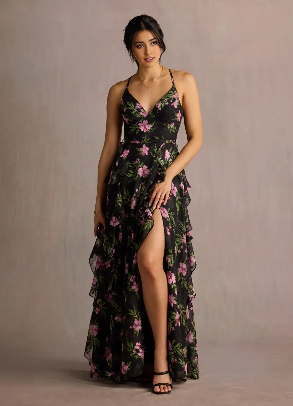 Dress Spaghetti Straps V Neck Elegant Maxi Dress Prom Dress Sleeveless Backless Flower Printed A-Line Evening Dress