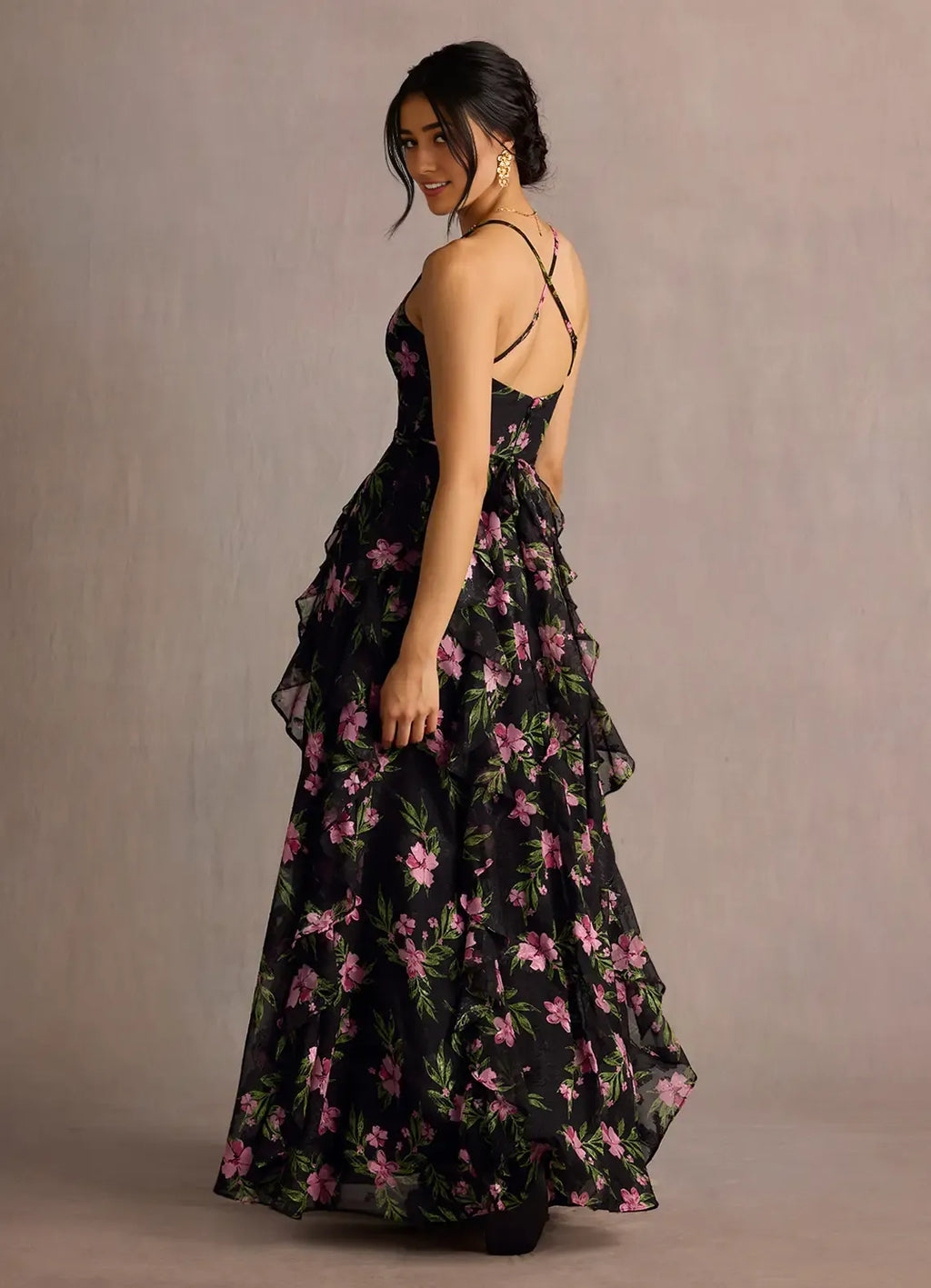 Dress Spaghetti Straps V Neck Elegant Maxi Dress Prom Dress Sleeveless Backless Flower Printed A-Line Evening Dress