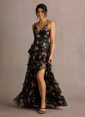 Dress Spaghetti Straps V Neck Elegant Maxi Dress Prom Dress Sleeveless Backless Flower Printed A-Line Evening Dress